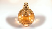 Elegant golden perfume bottle with ornate decorative cap on white background, luxury fragrance container for cosmetic and beauty product marketing.