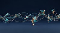 Abstract network connection with glowing nodes and lines on dark blue background for technology and data visualization concepts.