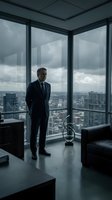 Mature male executive in dark business suit standing in modern high-rise office with panoramic city skyline views through floor-to-ceiling windows, contemplative professional atmosphere.