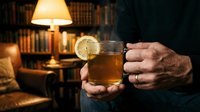 Man holding glass of whiskey with lemon slice in cozy home library setting with warm lamp lighting and bookshelves, suitable for beverage, lifestyle and interior design projects.