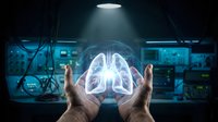 Hands holding glowing lungs hologram in medical laboratory with advanced technology equipment and monitors, representing respiratory health, digital medicine, and healthcare innovation.
