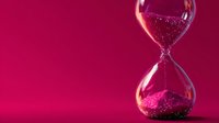 Hourglass with glittering pink sand flowing through glass bulbs against vibrant magenta background symbolizing time passage and deadline concepts.