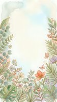 Soft watercolor floral border with tropical leaves, butterflies, and pastel blooms framing a light background with copy space for text.