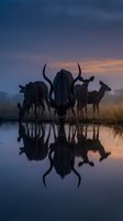 Silhouettes of antelope herd drinking at waterhole during twilight with perfect reflections in calm water creating dramatic African wildlife scene at dusk.