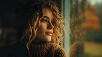 Young blonde woman with curly hair in cozy sweater looking through rain-covered window with warm autumn light creating intimate atmospheric mood.