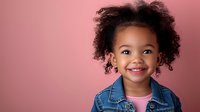Young African American girl with natural curly hair wearing denim jacket and pink shirt smiling brightly against pink background, expressing joy and confidence.