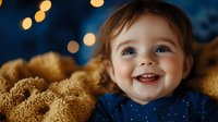 Young toddler with light brown hair and fair complexion, smiling joyfully while lying on a golden blanket against a blue bokeh background with warm lights.