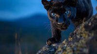 Black panther cub with piercing blue eyes perched on rocky surface against blurred mountain landscape background for wildlife photography and nature projects.