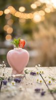 Pink strawberry smoothie in heart-shaped glass bottle with mint garnish on rustic wooden table with wildflowers and warm bokeh lights background.