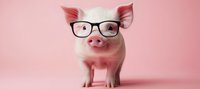 Adorable pink piglet wearing black-rimmed glasses against pink background, humorous concept of smart and educated farm animals for business or education themes.