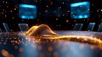 Glowing golden particle wave with bokeh effect against dark background, futuristic digital technology visualization with blue screens and light dots.