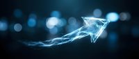 Upward arrow made of glowing blue light particles and digital lines on dark background, representing growth, success, and financial progress for business and investment concepts.