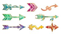 Colorful decorative arrows with ornamental patterns, feathers, and geometric designs in turquoise, green, pink, purple, gold and red. Isolated clipart elements for graphic design, web graphics, and creative projects.