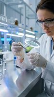 Female scientist examining plant sample with magnifying glass in modern laboratory wearing safety goggles and gloves for biotechnology research.