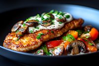 Grilled chicken breast with creamy mushroom sauce, fresh herbs and colorful vegetables served on dark plate, close up view of juicy dinner meal.