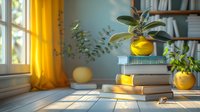Cozy reading corner with stacked books and potted plants in yellow ceramic pots, sunlight streaming through window with yellow curtains creating warm atmosphere.