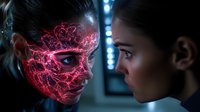 Young woman facing glowing red energy pattern in shape of face, dramatic sci-fi scene with dark background and blue accent lighting creates mysterious atmosphere.