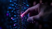 Finger touching glowing digital particle wall with blue and purple light effects, representing technology interface and data visualization in dark space.