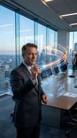 Middle-aged Caucasian male executive in dark business suit presenting digital data visualization with glowing holographic graphics in modern high-rise office with city skyline view for corporate presentations.
