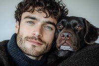 Young Caucasian man with blue eyes and curly dark hair wearing black turtleneck sweater poses with chocolate Labrador retriever dog in close-up portrait showing bond and friendship.