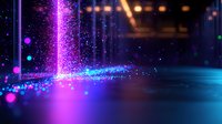 Vibrant neon light beam with glowing particles and bokeh effects on dark background creates futuristic atmosphere in night scene with purple and blue colors.