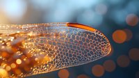 Delicate dragonfly wing with intricate vein pattern captured in macro against blurred golden bokeh background, showcasing natural geometric structure.