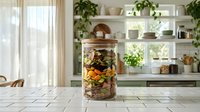 Glass jar filled with colorful mixed nuts and dried fruits on kitchen counter with green plants and white shelving in bright modern home interior.
