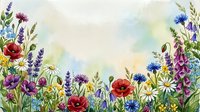 Watercolor wildflower border with poppies, daisies, cornflowers, and lavender on a light background with copy space for text.