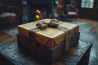 Elegant gift box wrapped in gold and brown paper with decorative lace ribbon bow, placed on vintage wooden surface in moody atmospheric lighting.