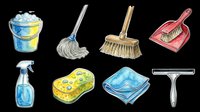 Cleaning supplies set with bucket, mops, brushes, spray bottle, sponge, cloth and squeegee isolated on transparent background. Ready for t-shirt design, clipart, stickers, print-on-demand and sublimation projects.