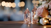 Crystal quartz points with rose gold accents alongside delicate pink roses and bokeh lights create magical romantic atmosphere for spiritual and wedding decor.