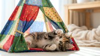 Tabby kitten playing inside colorful fabric tent on bed, perfect for pet care, childhood development, and playroom design projects.