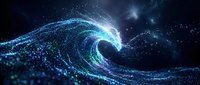 Glowing digital wave made of blue and cyan particles flowing across dark space, representing data stream, energy, or technology motion for digital backgrounds.