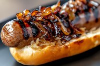 Grilled hot dog topped with caramelized onions and sauteed mushrooms in toasted bun, extreme close up macro shot showing texture and grill marks.