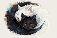 Black and white cats cuddling together in artistic style with watercolor splashes and ethereal elements, yin yang concept represented through feline companionship.