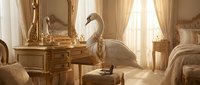 Elegant white swan in luxurious vintage bedroom with golden sunlight streaming through curtains creating warm romantic atmosphere for home decor concepts.