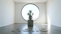 Minimalist gallery interior with round window, concrete pedestal, and potted succulent plant. Modern architectural design with neutral tones.