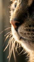 Close-up of cat nose and whiskers with warm golden sunlight creating dramatic backlighting and soft bokeh effects for pet photography and animal portraits.