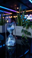 Glitter hourglass with sparkling blue crystals on a reflective surface in a neon-lit modern interior with green plants in background.