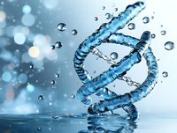 Blue DNA helix structure made of water with splashing droplets on reflective surface against blurred bokeh background, scientific molecular concept.