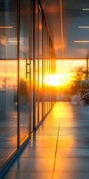 Modern office corridor with glass walls illuminated by dramatic sunset light creating warm golden reflections on tiled floor, capturing serene business environment.