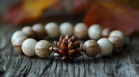 Handcrafted bracelet with natural stone beads and wooden lotus flower charm on rustic wooden background, spiritual wellness jewelry for meditation practice.