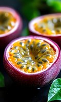 Fresh passion fruit halves with juicy pulp and seeds on dark background, close-up macro shot showing vibrant purple skin and golden flesh. For food design.