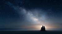 Romantic couple silhouette sitting together under starry night sky with Milky Way galaxy over calm ocean horizon creating dreamy atmosphere for love concepts.