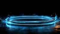 Glowing blue neon light rings on dark background with reflection and particles create futuristic sci-fi atmosphere for technology and gaming designs.