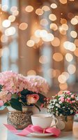 Pink hydrangea and roses with cup of tea against blurred fairy lights background, creating cozy romantic atmosphere with soft bokeh effect and warm golden glow.