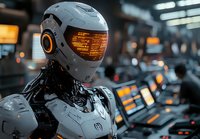 Futuristic robot with glowing orange visor in control room environment with illuminated displays and monitors, representing artificial intelligence and automation.
