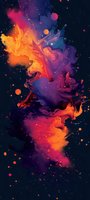 Vibrant orange and purple fluid art with splashes and drops on dark background creates cosmic nebula effect, suitable for modern abstract wall decor.