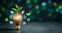 Light bulb with green plant growing inside surrounded by renewable energy icons on dark background with bokeh lights for eco-friendly business concepts.