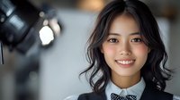 Young Asian woman with bright smile wearing black blazer and white collar against blurred studio background with professional lighting setup.
